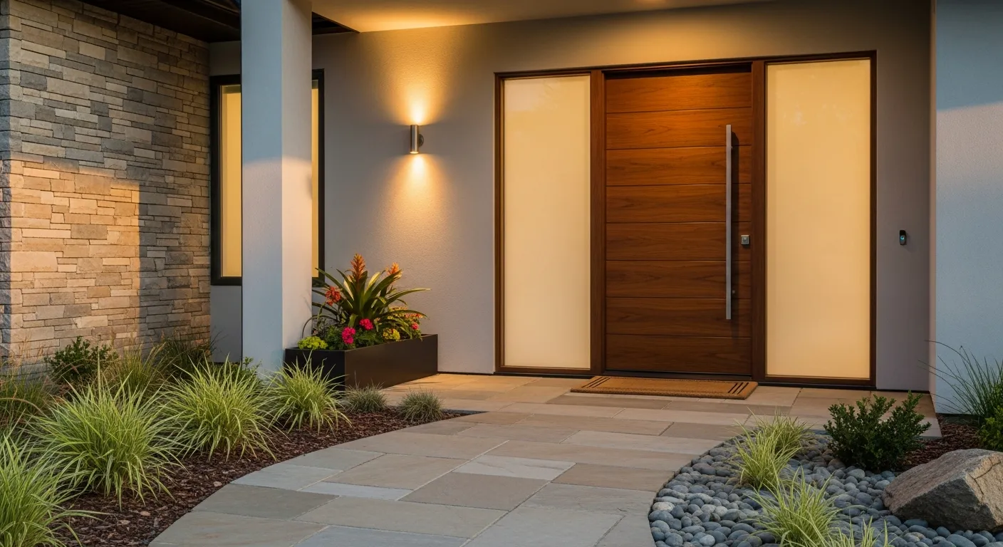 Elegante und einladende Eingangstür eines Bungalows