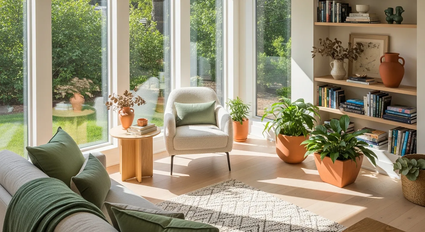 Modernes Bungalow Wohnzimmer mit viel Tageslicht